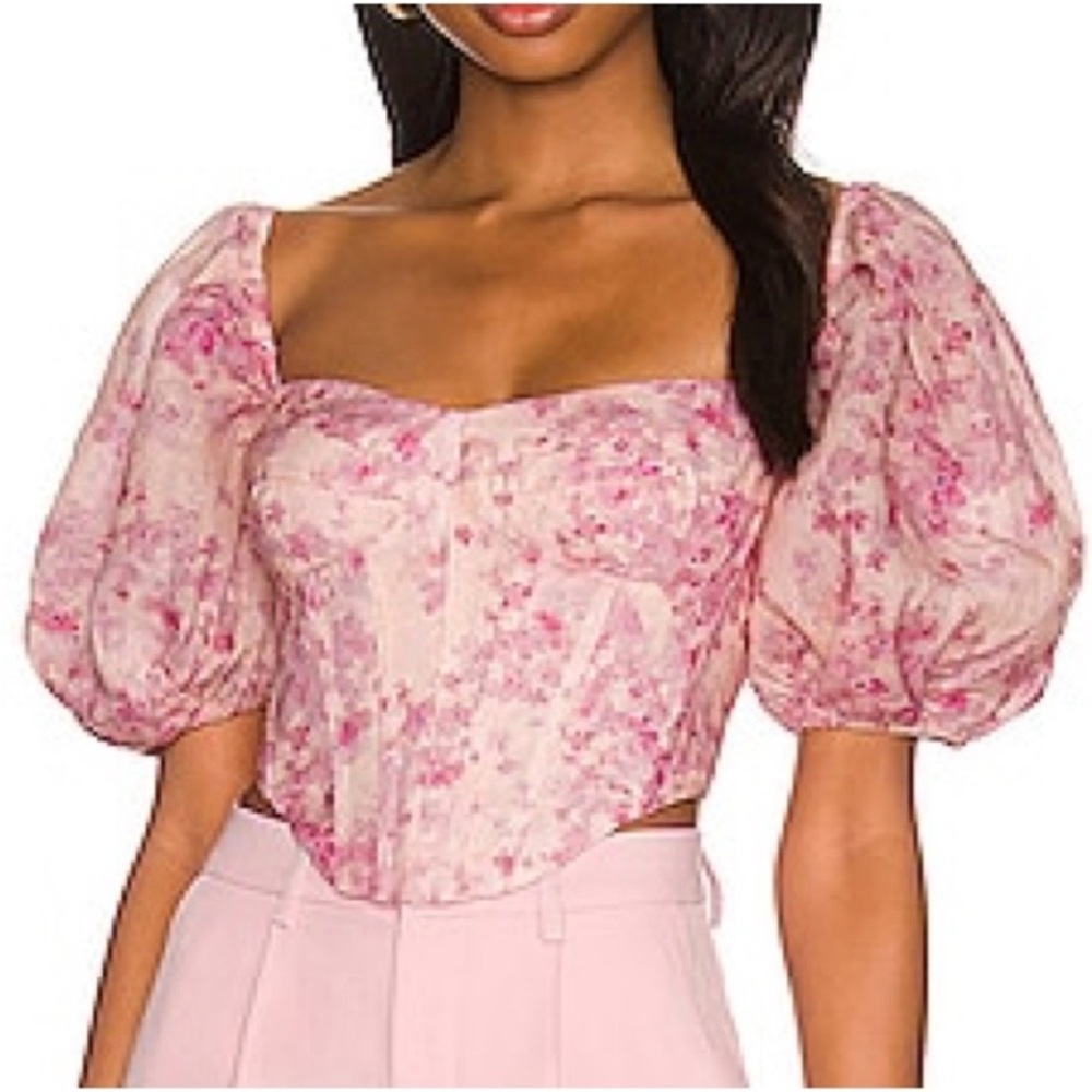 Bardot Pink and Red Puff Sleeve Crop Blouse